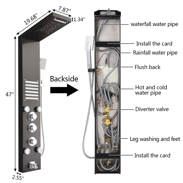 57.6 inch Shower Panel Tower System Stainless Steel 6 in 1 Multi-Function Shower Panel Black