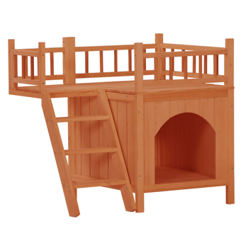 Pet Wooden Cat House Living House Kennel with Balcony Orange Red
