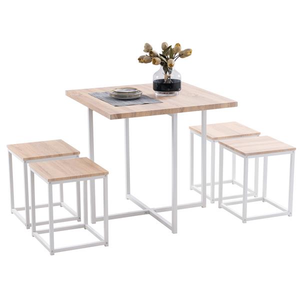 5 Piece Dining Table Set, Dining Set for 4, PVC Table and 4 Stools, Light Oak Color & White