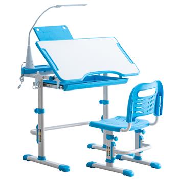 Student Desks and Chairs Set C Style with Light White Lacquered White Surface and Blue Plastic [70x38x(52-74)cm]