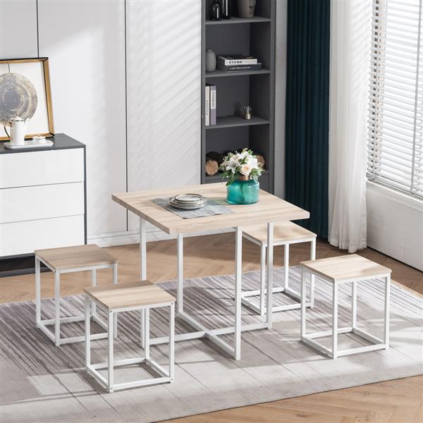 5 Piece Dining Table Set, Dining Set for 4, PVC Table and 4 Stools, Light Oak Color & White