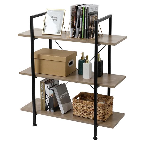 3-Tier Industrial Bookcase and Book Shelves, Vintage Wood and Metal Bookshelves,Gray