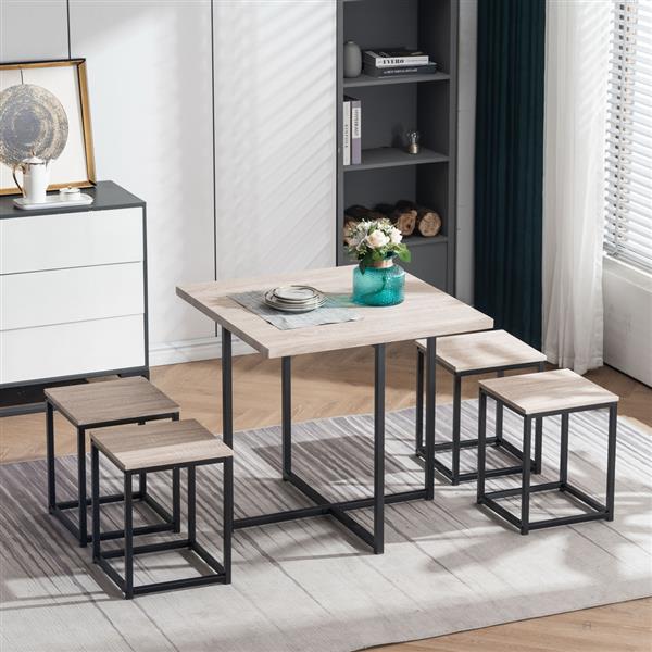 5 Piece Dining Table Set, Dining Set for 4, PVC Table and 4 Stools, Dark Oak Color & Black