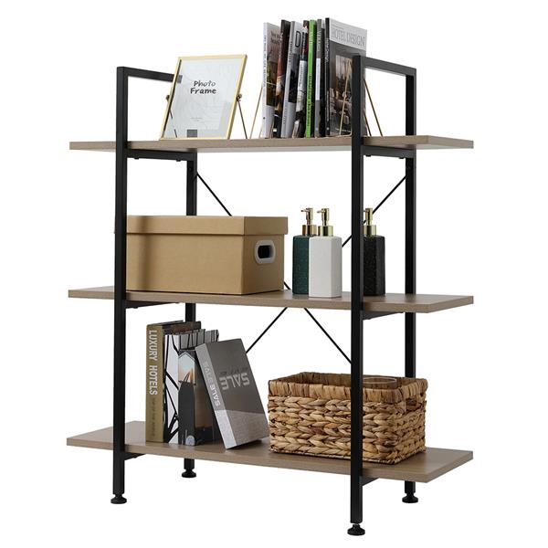 3-Tier Industrial Bookcase and Book Shelves, Vintage Wood and Metal Bookshelves,Gray