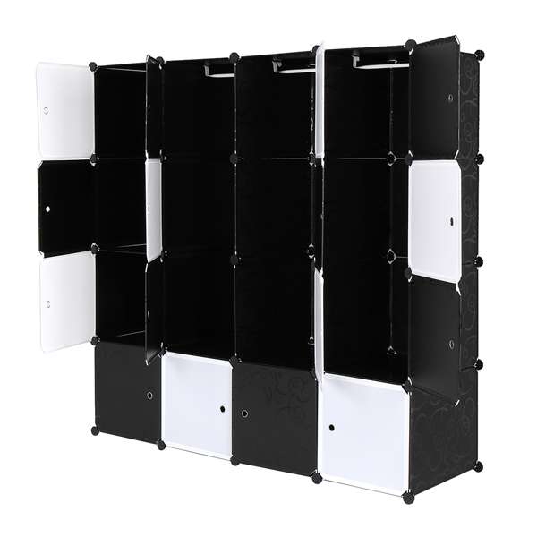 16 Cube Organizer Stackable Plastic Cube Storage Shelves Design Multifunctional Modular Closet Cabinet with Hanging Rod Black and White