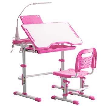 Student Desks and Chairs Set C Style with Light White Lacquered White Surface and Pink Plastic [70x48x(52-74)cm]