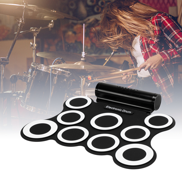 9 Pads Electronic Drum Set with Headphone Jack, Built in Speaker, Drum Stick, Foot Pedals, Best Gift for Holiday Birthday Black & White