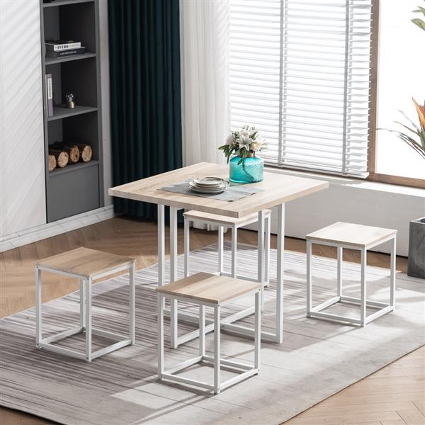 5 Piece Dining Table Set, Dining Set for 4, PVC Table and 4 Stools, Light Oak Color & White