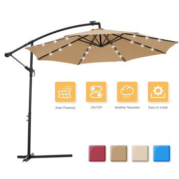 10 FT Solar LED Patio Outdoor Umbrella Hanging Cantilever Umbrella Offset Umbrella Easy Open Adustment with 24 LED Lights -taupe