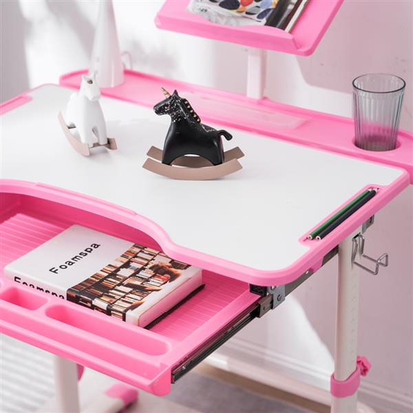 Student Desks and Chairs Set C Style with Light White Lacquered White Surface and Pink Plastic [70x48x(52-74)cm]
