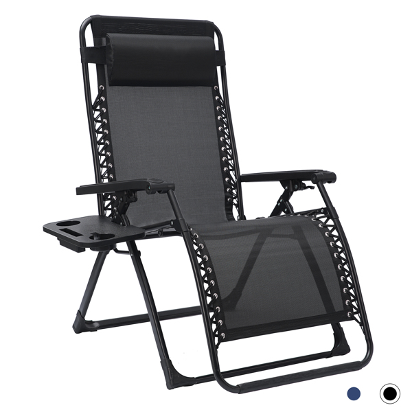 Large Size Outdoor Patio Folding Zero Gravity Lounge Chair,Camp Reclining Chair with Pillow and cup holder for Poolside,Backyard Lawn and Beach,Black