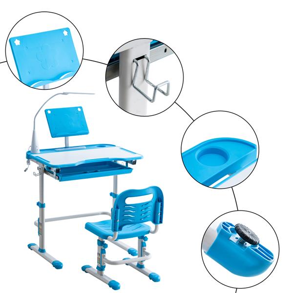 Student Desks and Chairs Set C Style with Light White Lacquered White Surface and Blue Plastic [70x38x(52-74)cm]