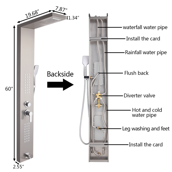 60 inch Shower Panel Tower System Stainless Steel 5 in 1 Multi-Function Shower Panel with Spout Rainfall Waterfall Massage Jets Tub Spout Hand Shower for Home Hotel Resort Split Type -Silver