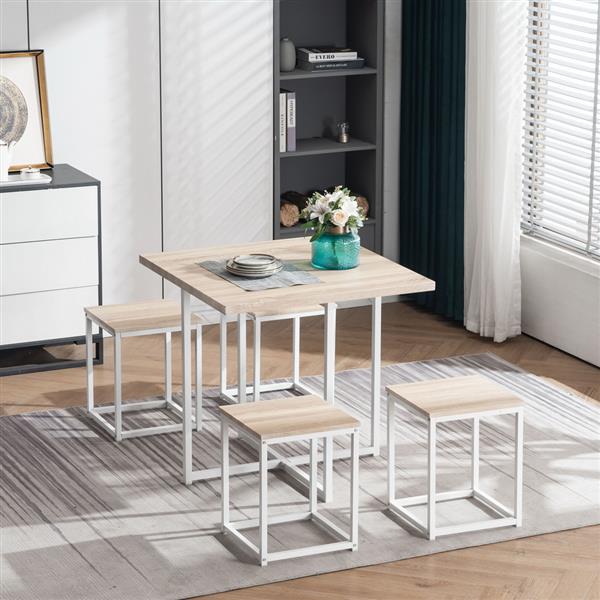 5 Piece Dining Table Set, Dining Set for 4, PVC Table and 4 Stools, Light Oak Color & White