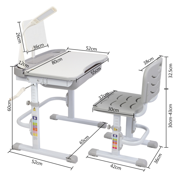 70CM Lifting Table Top Can Tilt Children Learning Table And Chair Grey (With Reading Stand USB Interface Desk Lamp)