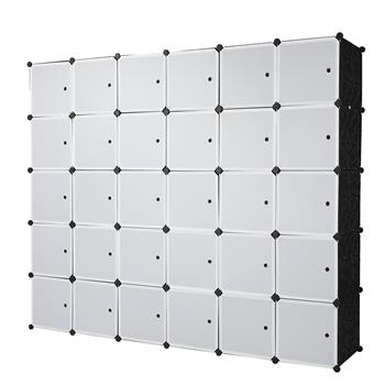 30 Cube Organizer Stackable Plastic Cube Storage Shelves Design Multifunctional Modular Closet Cabinet with Hanging Rod White Doors and Black Panels