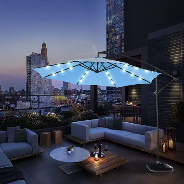 10 FT Solar LED Patio Outdoor Umbrella Hanging Cantilever Umbrella Offset Umbrella Easy Open Adustment with 24 LED Lights -blue