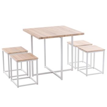 5 Piece Dining Table Set, Dining Set for 4, PVC Table and 4 Stools, Light Oak Color & White