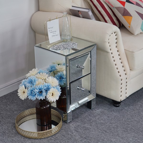 Mirror Two Drawer Bedside Table Silver