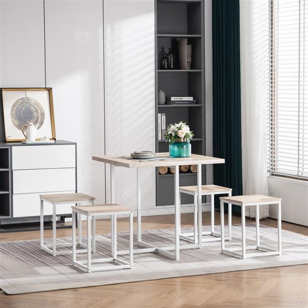 5 Piece Dining Table Set, Dining Set for 4, PVC Table and 4 Stools, Light Oak Color & White