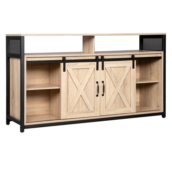 FCH 4-layer Double Barn Door with Sliding Rail X-shaped Panel TV Cabinet Industrial Wind MDF with Triamine White Oak Color 