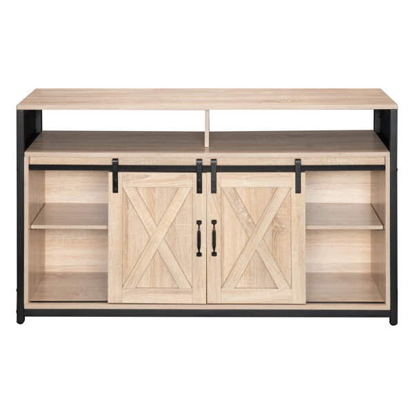 FCH 4-layer Double Barn Door with Sliding Rail X-shaped Panel TV Cabinet Industrial Wind MDF with Triamine White Oak Color 