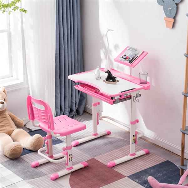 Student Desks and Chairs Set C Style with Light White Lacquered White Surface and Pink Plastic [70x48x(52-74)cm]