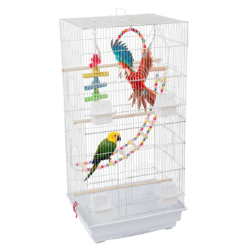 36\\" Bird Parrot Cage Canary Parakeet Cockatiel LoveBird Finch Bird Cage with Wood Perches & Food Cups 3 Bird Toys White