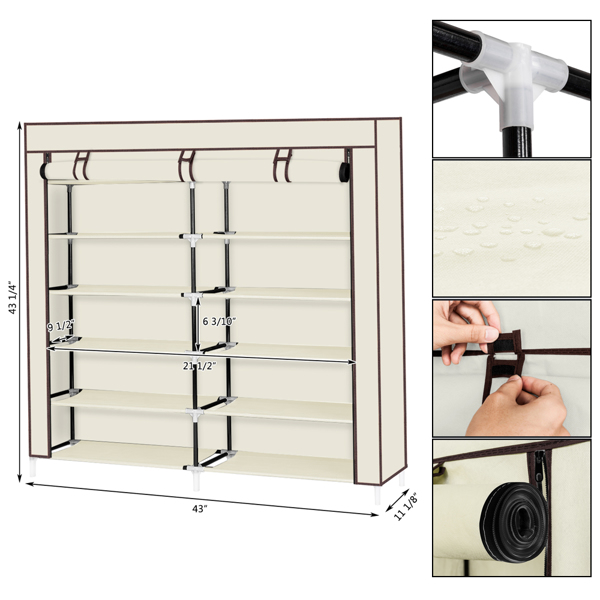 7 Tiers Portable Shoe Rack Closet Fabric Cover Shoe Storage Organizer Cabinet Beige