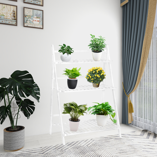 100% Bamboo Plant Frame Three Layers, Balcony Bamboo Frame Folding With Hanging Rod Flower Frame, Indoor Office Balcony, Living Room, Outdoor Garden Decoration--White