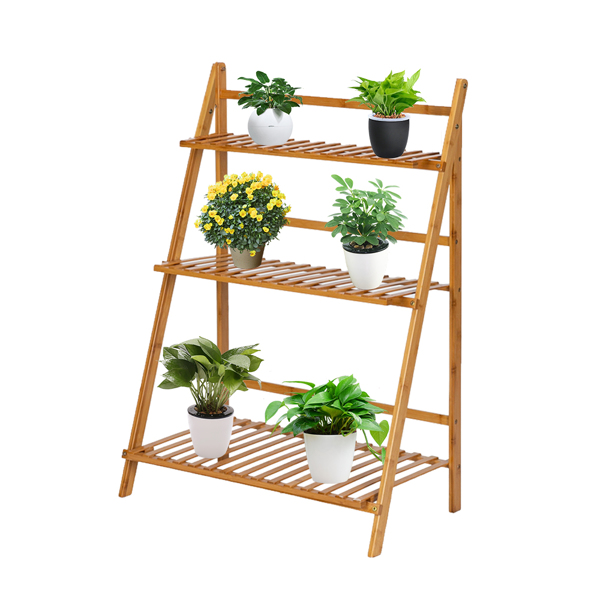 100% Bamboo Plant Frame Three Layers, Balcony Bamboo Frame Folding With Hanging Rod Flower Frame, Indoor Office Balcony, Living Room, Outdoor Garden Decoration--Natural