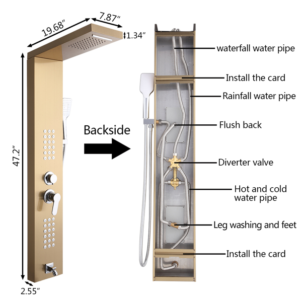 48 inch Shower Panel Tower System Stainless Steel 5 in 1 Multi-Function Shower Panel with Spout Rainfall Waterfall Massage Jets Tub Spout Hand Shower for Home Hotel Resort Split Type -Gold Goden