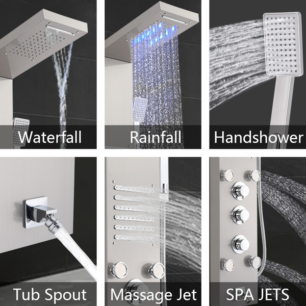 Top LED light 48 inch Shower Panel Tower System Stainless Steel 6 in 1 Multi-Function Shower Panel with Spout Rainfall Waterfall Massage Jets Tub Spout Hand Shower -Silver 