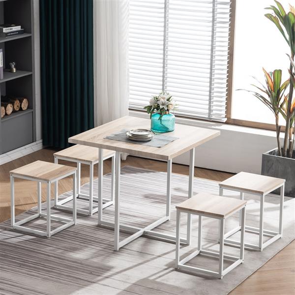 5 Piece Dining Table Set, Dining Set for 4, PVC Table and 4 Stools, Light Oak Color & White