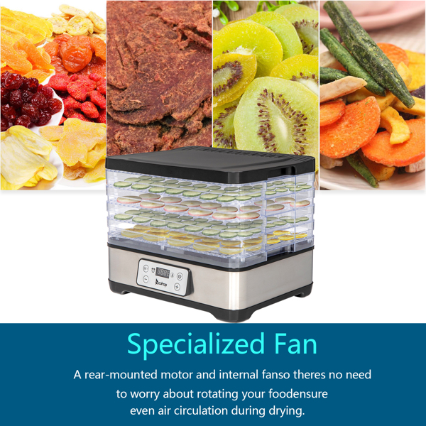 Food Dehydrator Large Drying Capacity with 5pcs Movable Trays, Temperature Time Adjustable, Height Adjustable, Fruit Dryer Meat Jerky Herbs BPA-Free