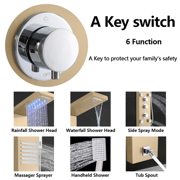 57.6 inch Shower Panel Tower System Stainless Steel 6 in 1 Multi-Function Shower Panel Golden