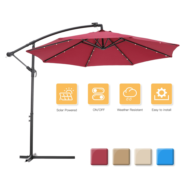 10 FT Solar LED Patio Outdoor Umbrella Hanging Cantilever Umbrella Offset Umbrella Easy Open Adustment with 24 LED Lights - Burgundy