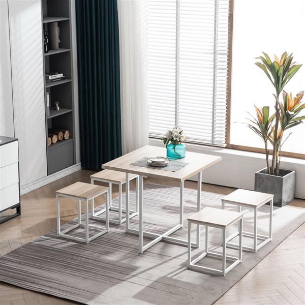 5 Piece Dining Table Set, Dining Set for 4, PVC Table and 4 Stools, Light Oak Color & White