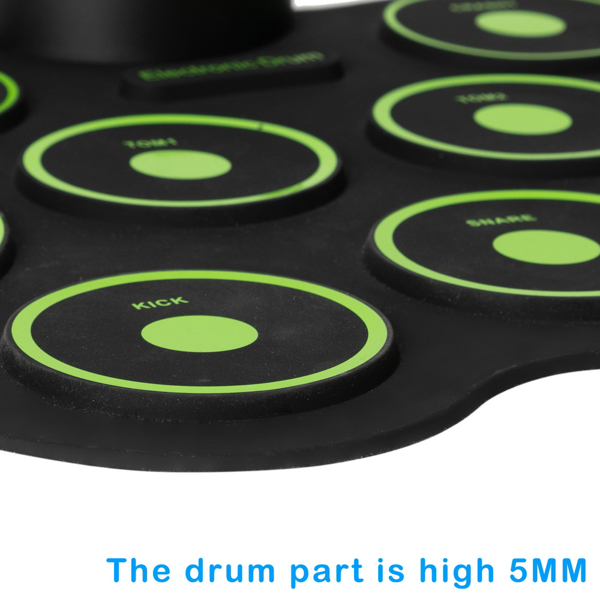 Portable Electric Drum Set 9 Full-Tone Standard Drum Pads with Drum Stick, Headphone Jack and Pedals Multiple Power Supply Methods Best Gift for Christmas Holiday Birthday Green
