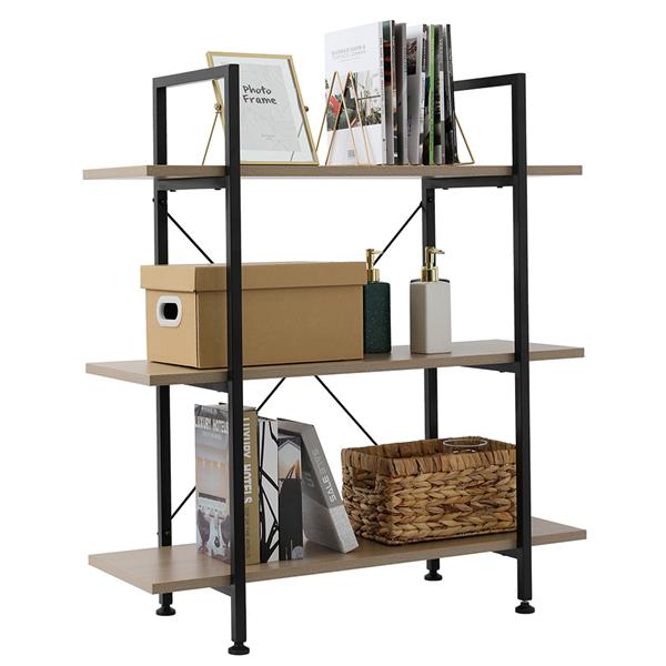 3-Tier Industrial Bookcase and Book Shelves, Vintage Wood and Metal Bookshelves,Gray