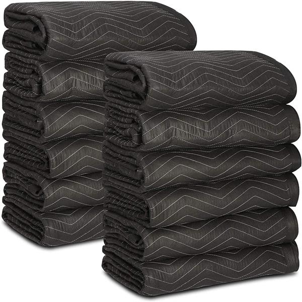 12-Pack 80 x 72 inch Moving Blankets, Heavy Duty Moving Pads for Protecting Furniture, Professional Quilted Shipping Furniture Pads, Black