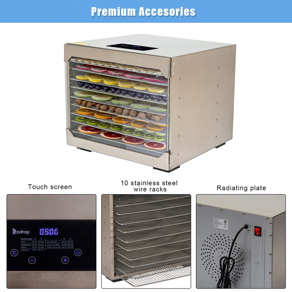 Food Dehydrator Large Drying Capacity with 10pcs Movable Trays, Temperature Time Adjustable, Height Adjustable, Fruit Dryer Meat Jerky Herbs BPA-Free