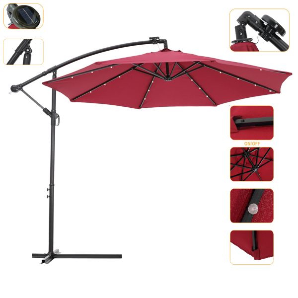 10 FT Solar LED Patio Outdoor Umbrella Hanging Cantilever Umbrella Offset Umbrella Easy Open Adustment with 24 LED Lights - Burgundy