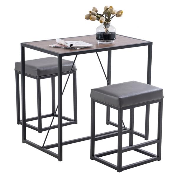 3 Piece Dining Table Set, Dining Set for 2, Table and 2 PU Stools, Walnut Color & Gray