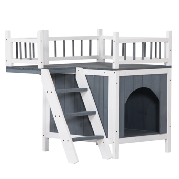 Pet Wooden Cat House Living House Kennel with Balcony Grey