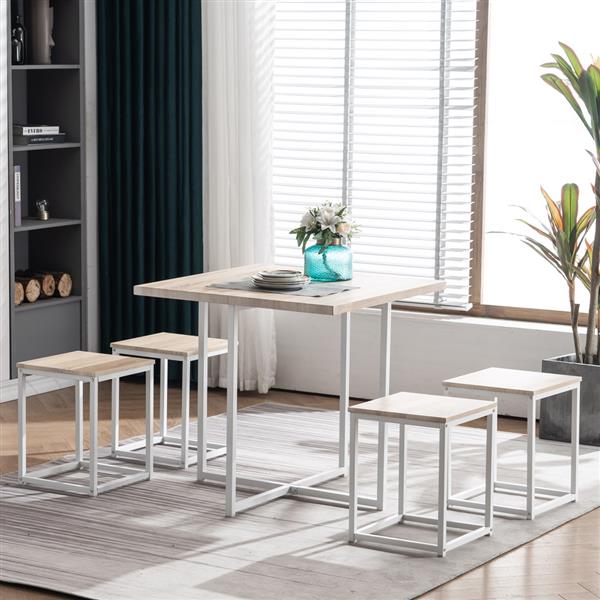 5 Piece Dining Table Set, Dining Set for 4, PVC Table and 4 Stools, Light Oak Color & White