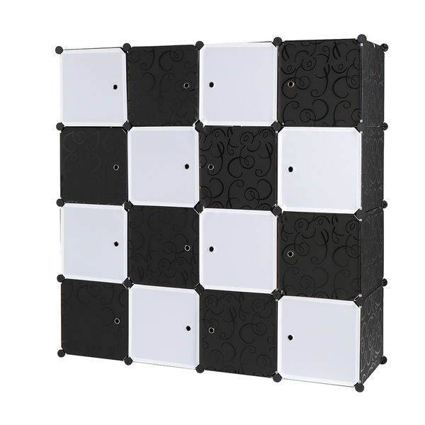 16 Cube Organizer Stackable Plastic Cube Storage Shelves Design Multifunctional Modular Closet Cabinet with Hanging Rod Black and White