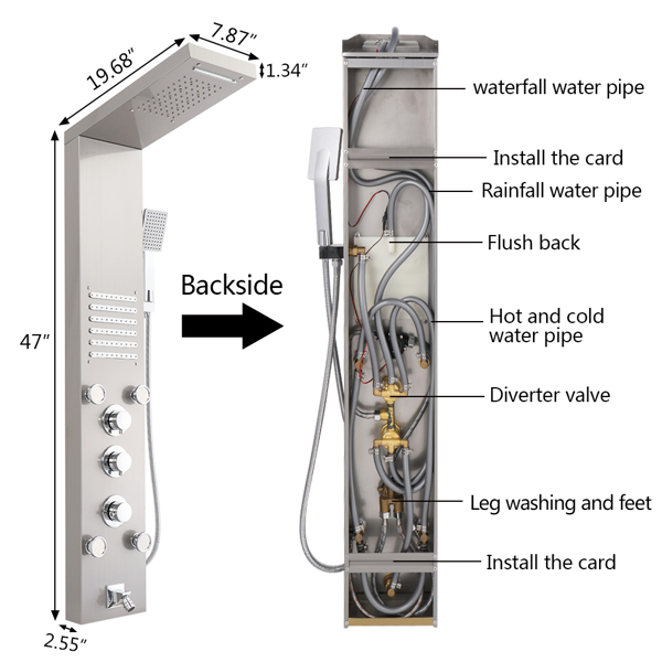 Top LED light 48 inch Shower Panel Tower System Stainless Steel 6 in 1 Multi-Function Shower Panel with Spout Rainfall Waterfall Massage Jets Tub Spout Hand Shower -Silver 