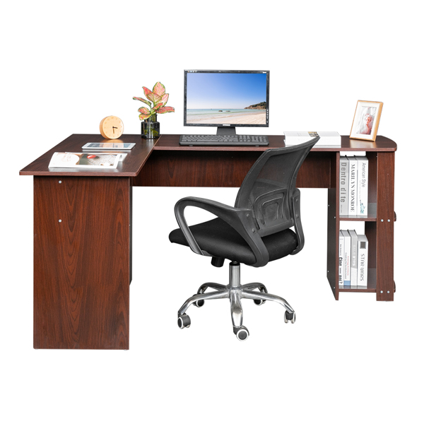 L-Shaped Wood Right-angle Computer Desk with Two-layer Shelves Dark Brown