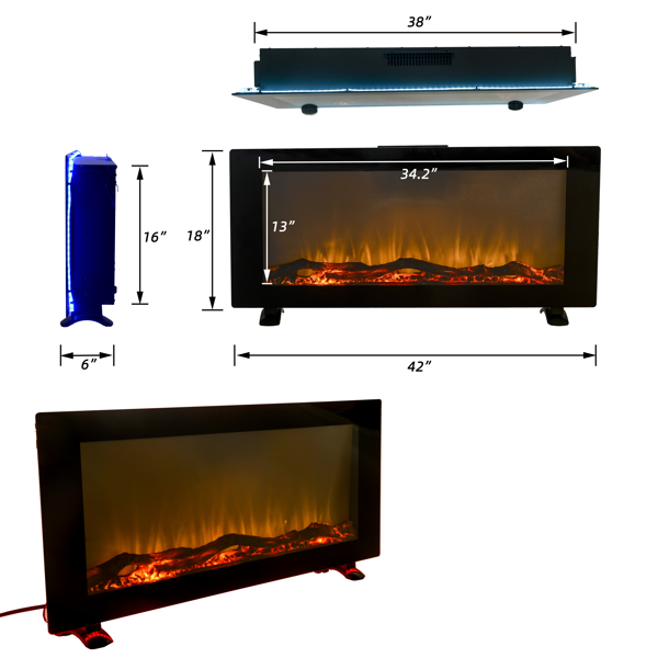 42 Inches Wall-Mounted Electronic Fireplace,10 Colors Backlight,CSA Certification,Black